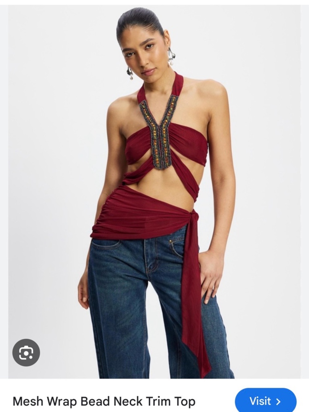 Jaded London Burgundy Beaded Halter Mesh Wrap Top